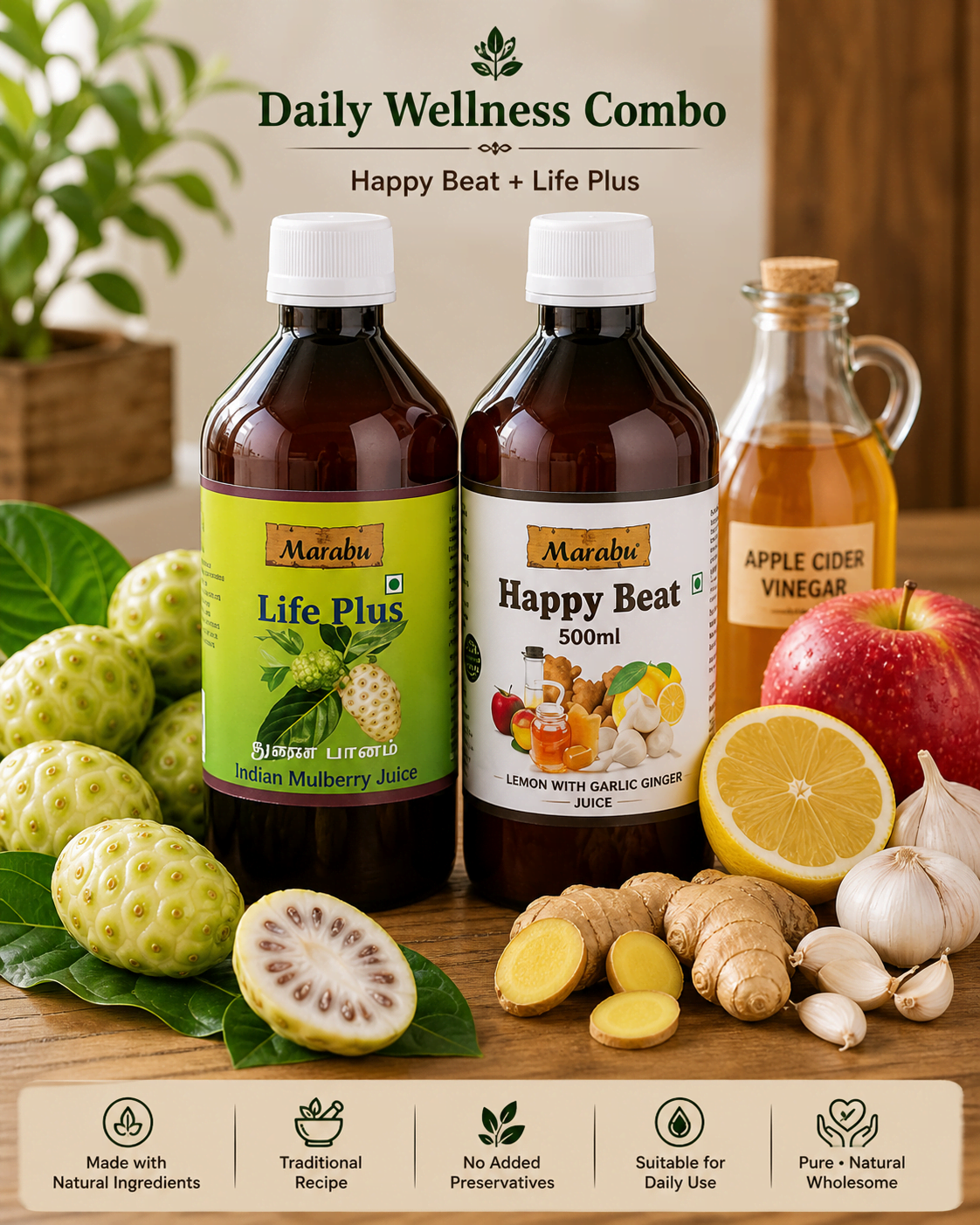Marabu Happy Beat + Life Plus Combo - Natural Slim-fit Detox & Weight Management Juices | 1000 ml (500 ml x 2)