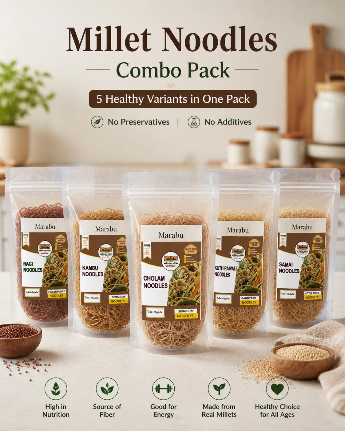 Millet Noodles Combo Pack (Pack of 5 | Cholam, Kambu, Ragi & More)