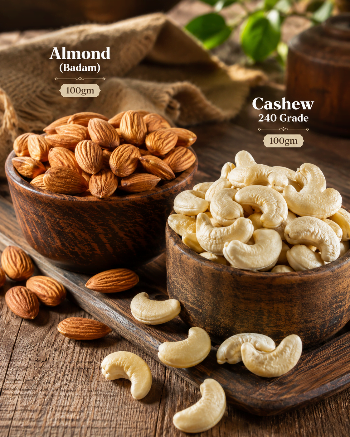 Almond (Badam) Premium Grade & Cashew 240 Grade – 100gm Each