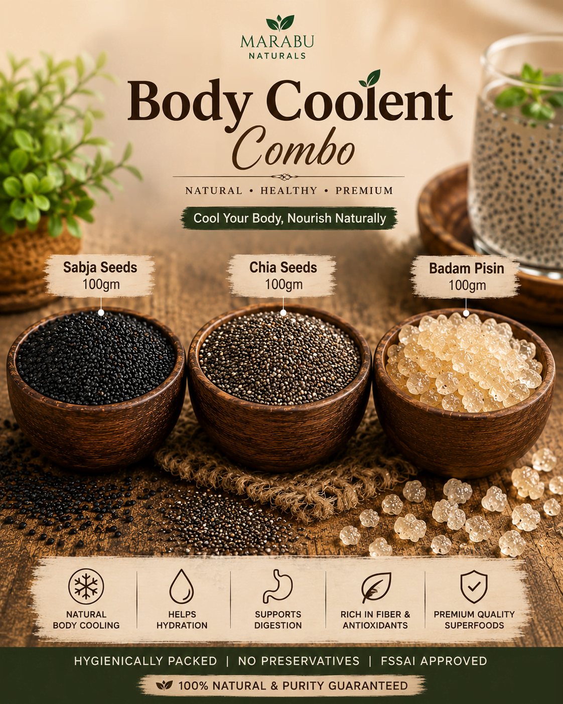 Coolent Combo - Badam Pisin, Chia Seed,Sabja Seed