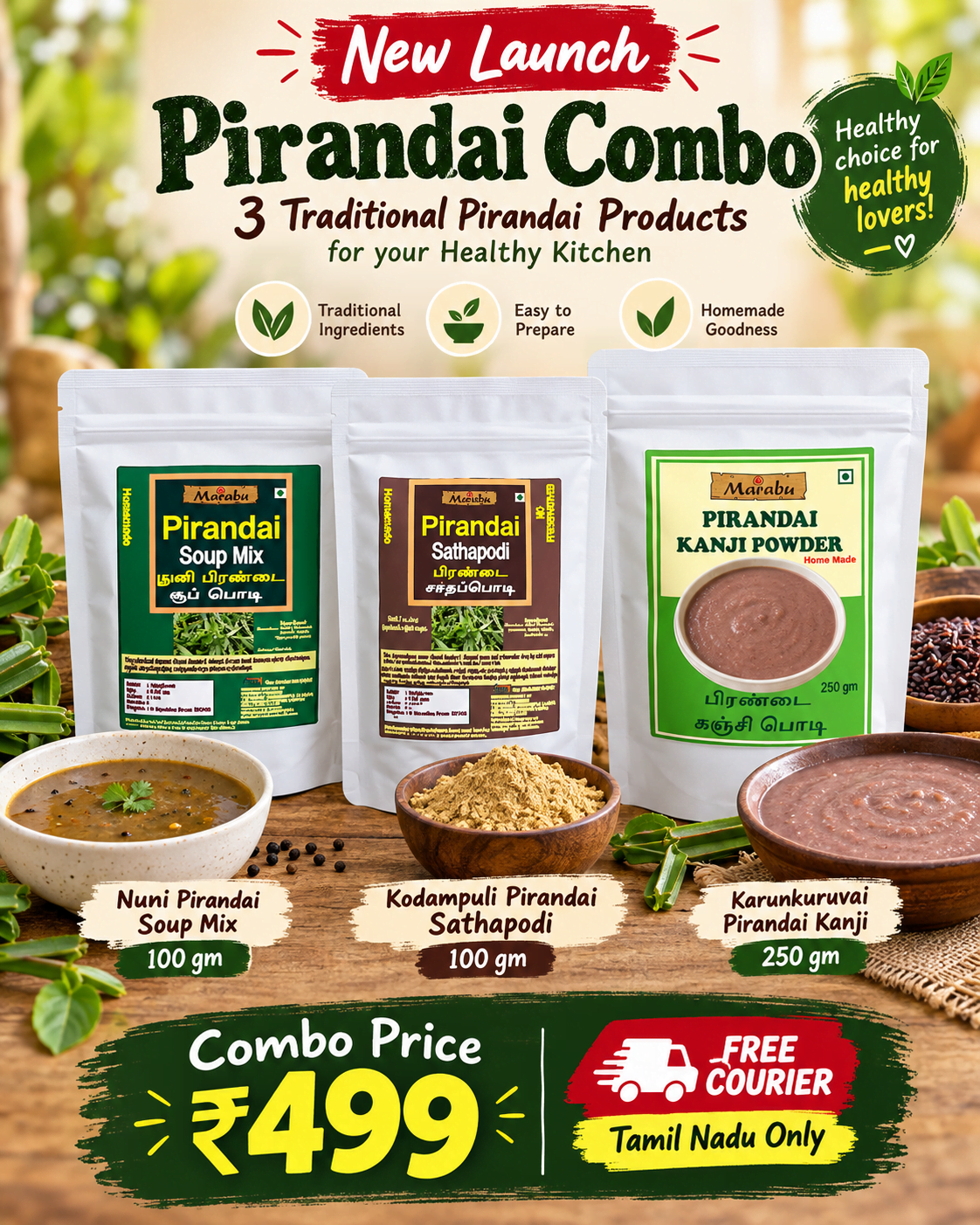 Marabu Pirandai Combo – 3 Traditional Foods(Nuni Pirandai Mix,Sathapodi Mix,Pirandai Kanji Mix)