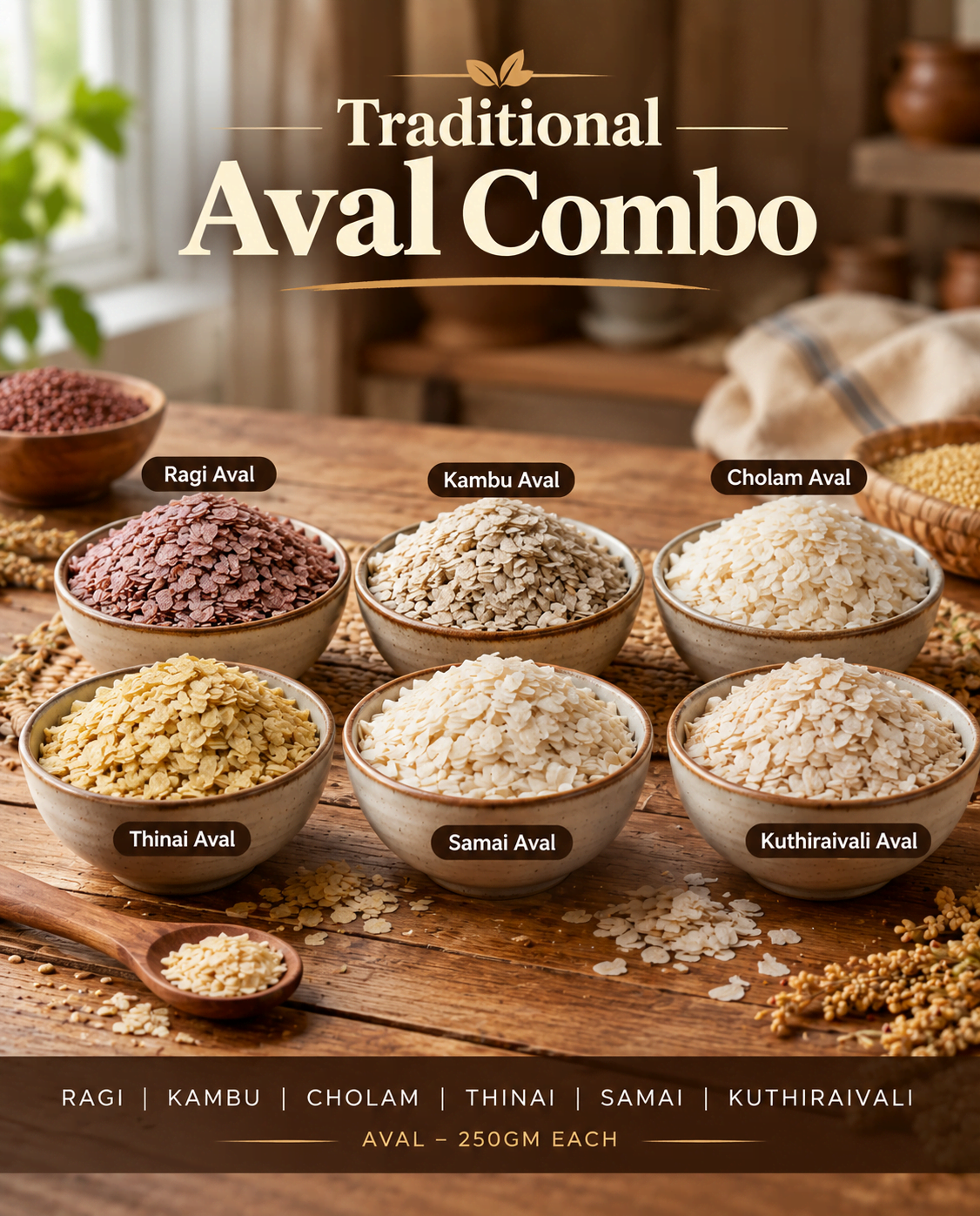 Traditional Millet Aval Combo | Pack of 6 Ragi, Kambu,Cholam,Thinai,Samai,Kuthiraivali Aval